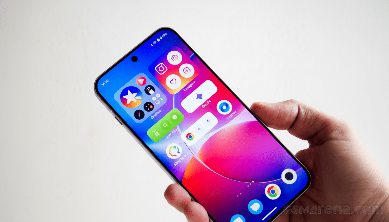 A hand holding a smartphone displaying a colorful home screen with various app icons.