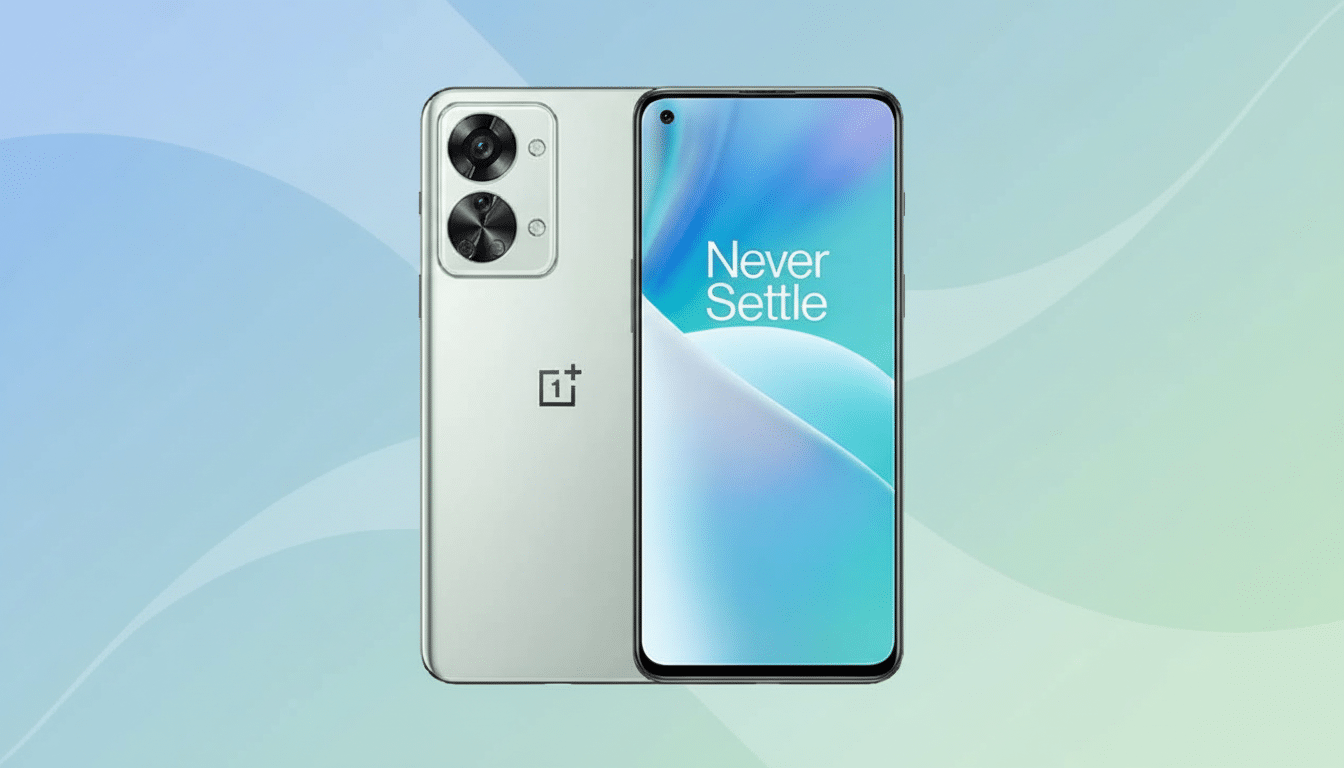 A light green OnePlus Nord 2T smartphone is displayed against a soft, gradient background with subtle wave patterns. The phone is shown from both the front and back, with the front screen displaying Never Settle.