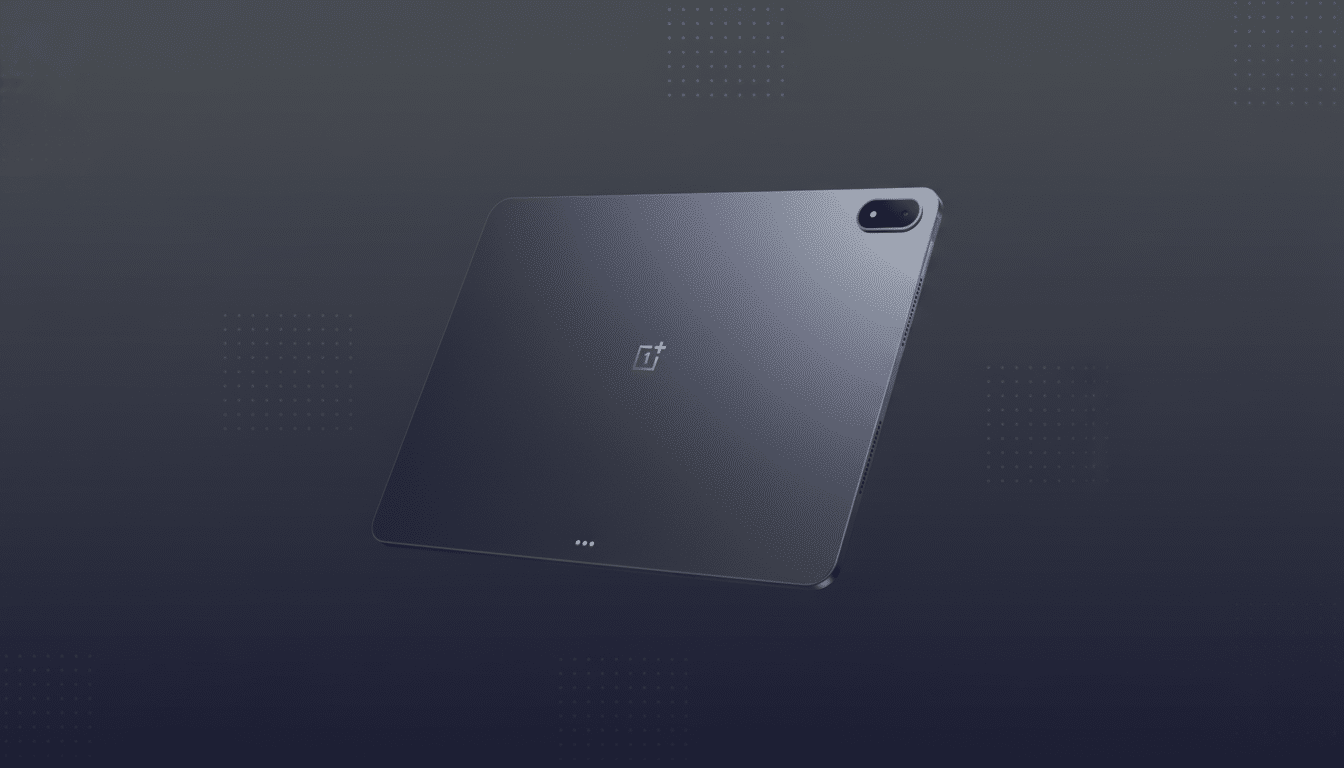 A dark gray OnePlus Pad tablet is angled on a professional dark gray background with subtle dotted patterns.