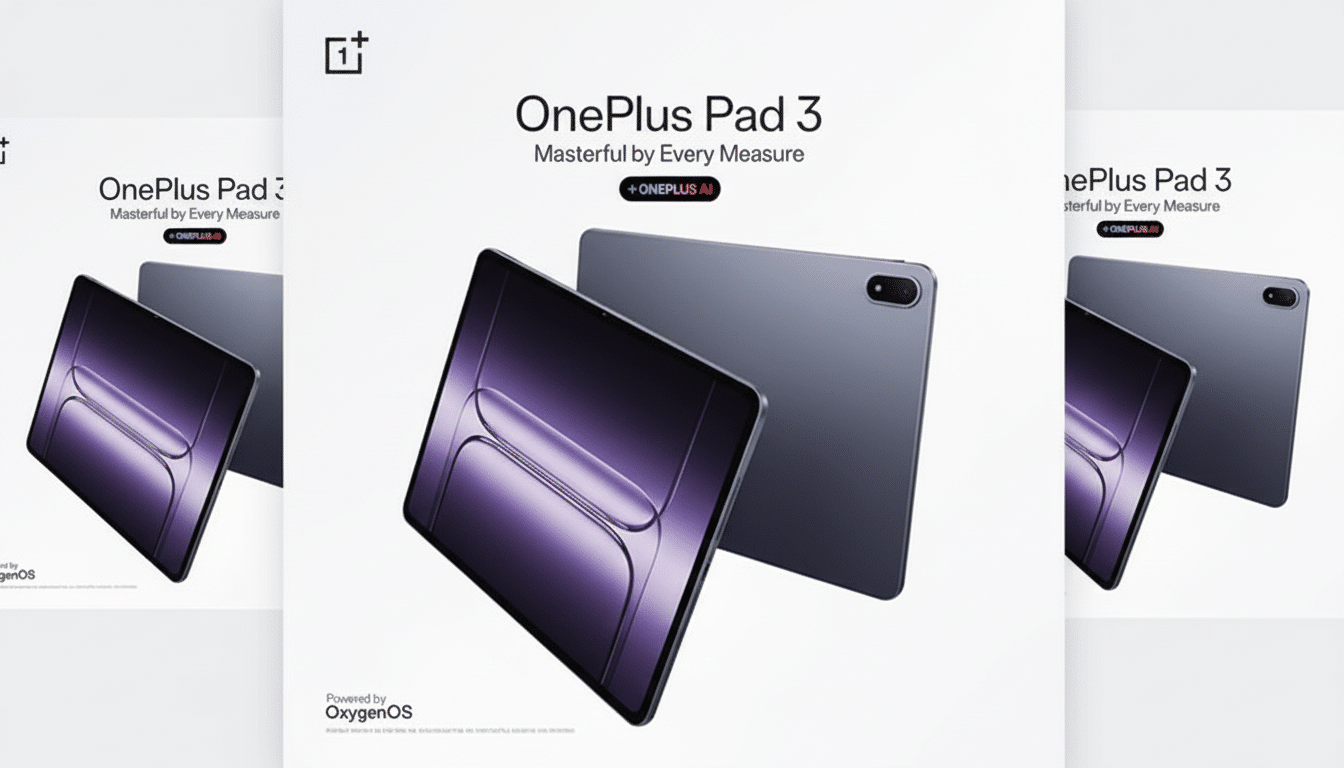 A 16:9 aspect ratio image of the OnePlus Pad 3, showcasing its front and back with a professional flat design background.