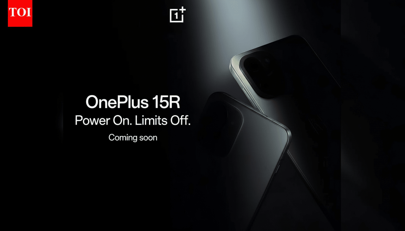 A dark, professional promotional image for the OnePlus 15R smartphone, featuring two phones subtly lit against a black background, with the text OnePlus 15R Power On. Limits Off. Coming soon and the OnePlus logo.