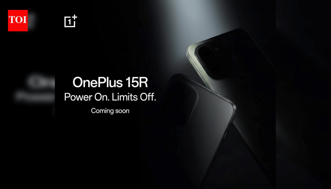 A dark, professional promotional image for the OnePlus 15R, featuring two smartphones subtly lit against a black background, with the text OnePlus 15R Power On. Limits Off. Coming soon and the TOI and OnePlus logos.