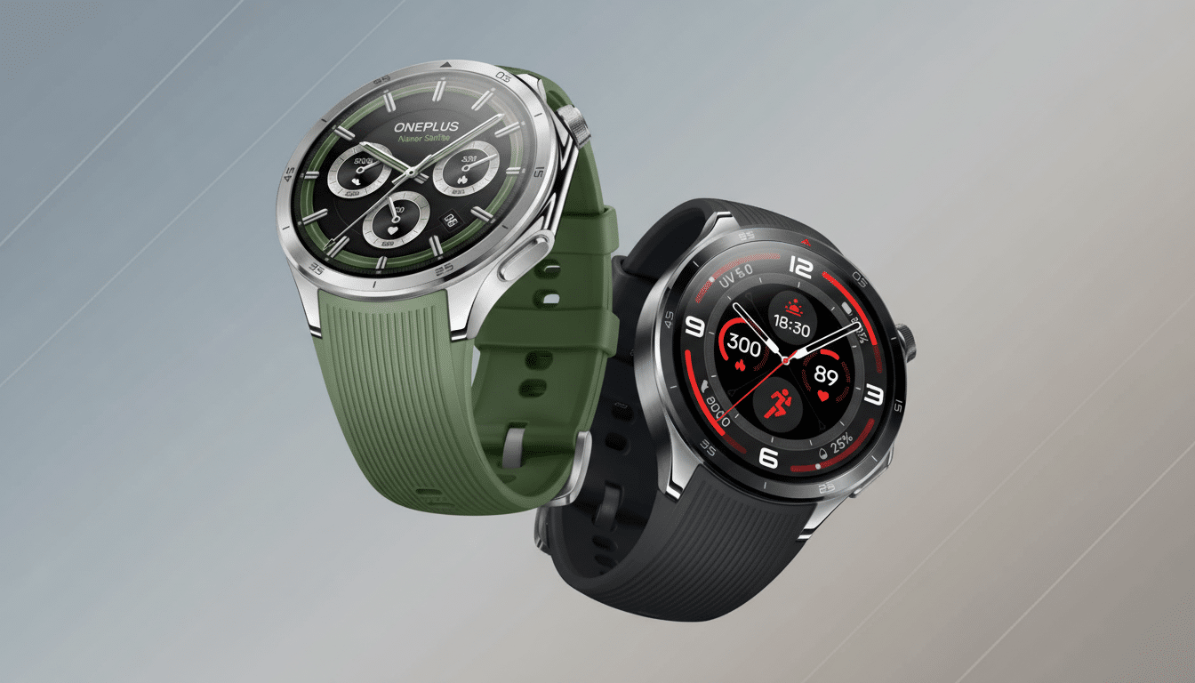 Two smartwatches, one with a green band and silver casing, and another with a black band and dark grey casing, are displayed against a professional flat design background with a soft gradient.