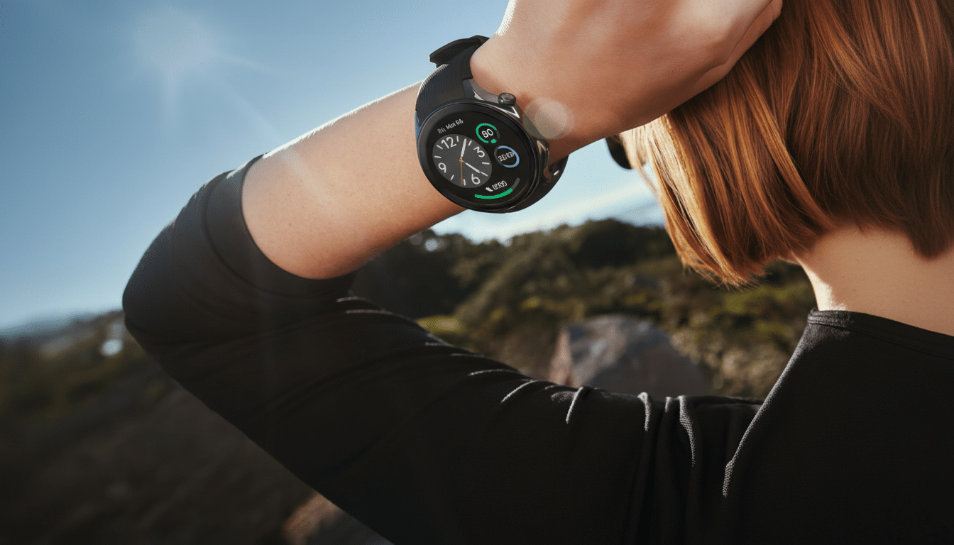 A person wearing a black smartwatch on their left wrist, with the watch face displaying time and fitness data. The person is outdoors, with a bright sky and blurred natural background.