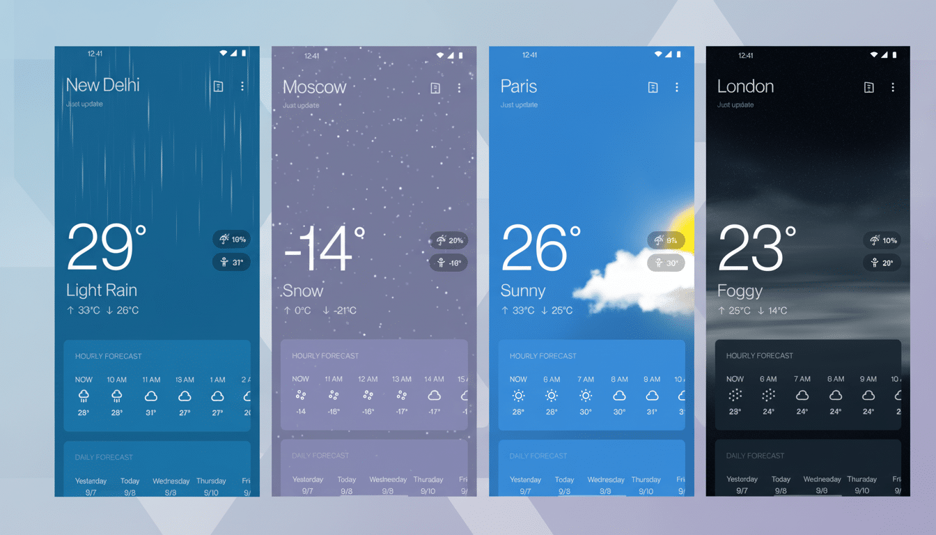 Four mobile weather app screens, each displaying different city weather conditions: New Delhi with light rain at 29 degrees, Moscow with snow at -14 degrees, Paris with sunny skies at 26 degrees, and London with fog at 23 degrees.