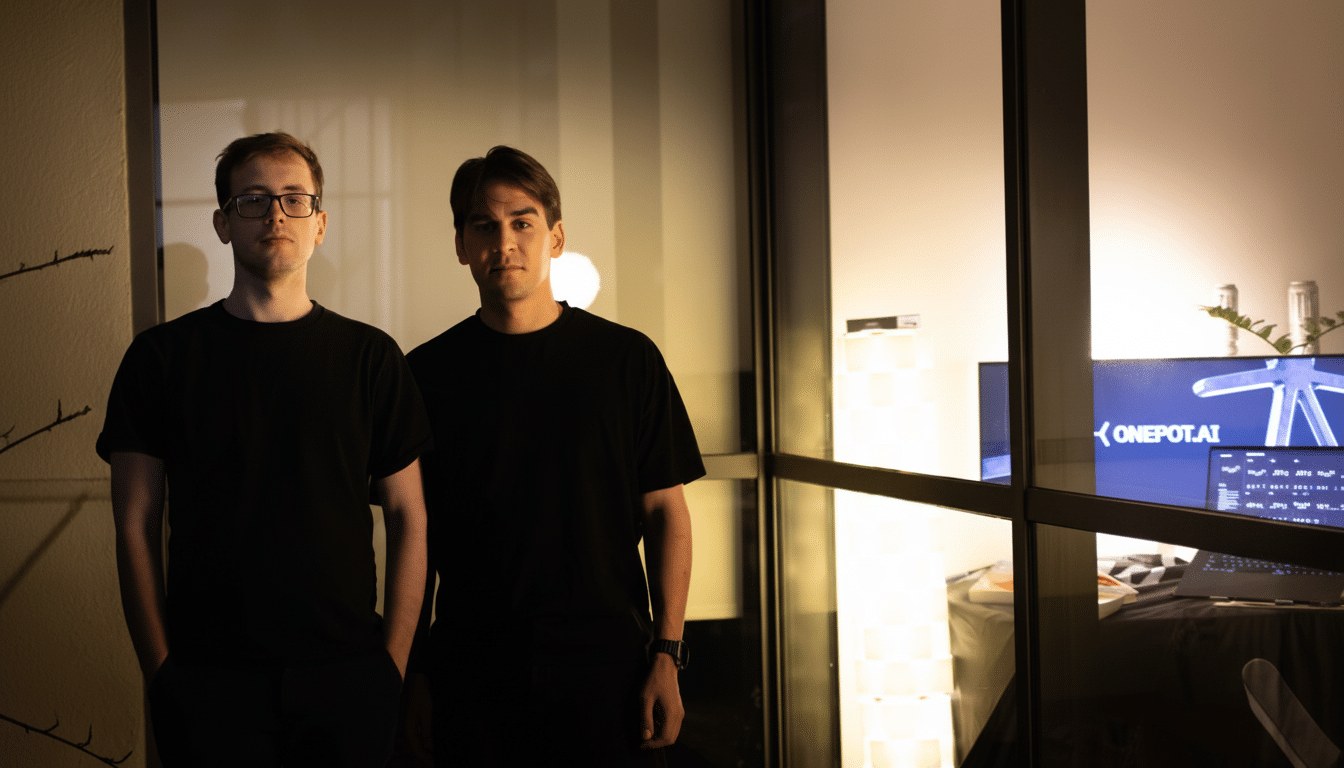 Two men in black t-shirts stand in front of a window, with a computer monitor displaying ONEPOT.AI visible through the glass.