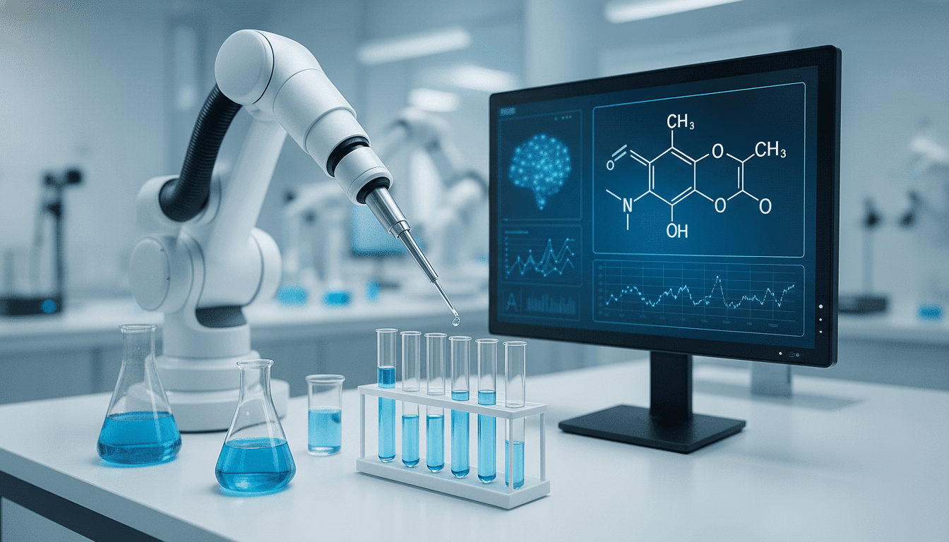 A robotic arm precisely dispensing a liquid into a test tube, with a computer monitor displaying chemical structures and data in a laboratory setting.