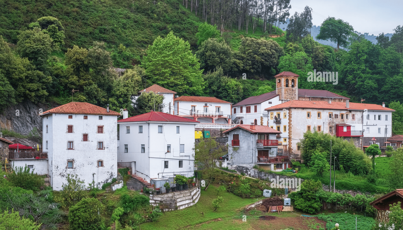 A picturesque village nestled in a lush green valley, with traditional white houses and red-tiled roofs, surrounded by dense forest.