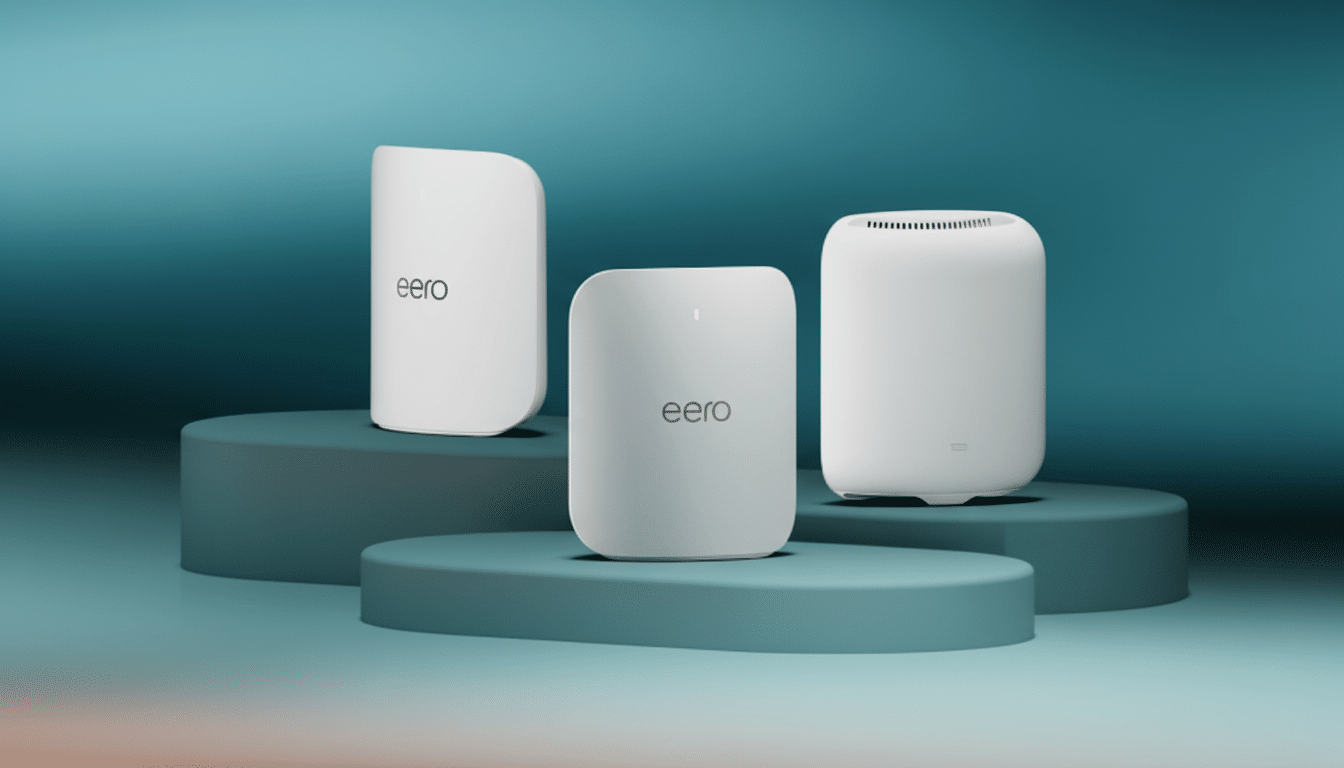 Three white Eero Wi-Fi devices are displayed on teal cylindrical platforms against a teal background. Two devices face forward, showing the eero logo, while one is turned to reveal its back panel with ports.