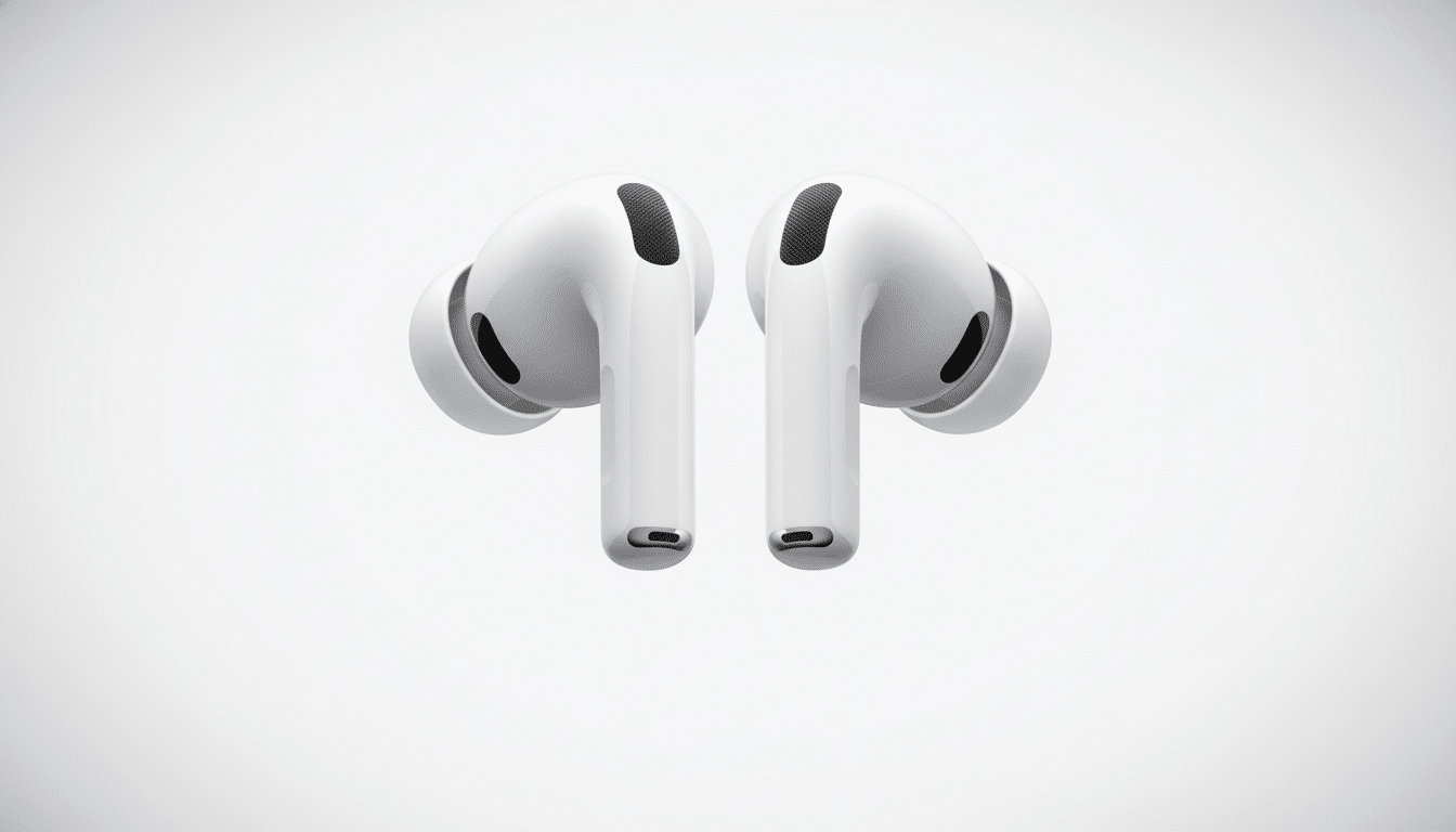 A pair of white wireless earbuds, likely AirPods Pro, presented against a clean, professional light gray background with a subtle gradient, resized to a 16:9 aspect ratio.