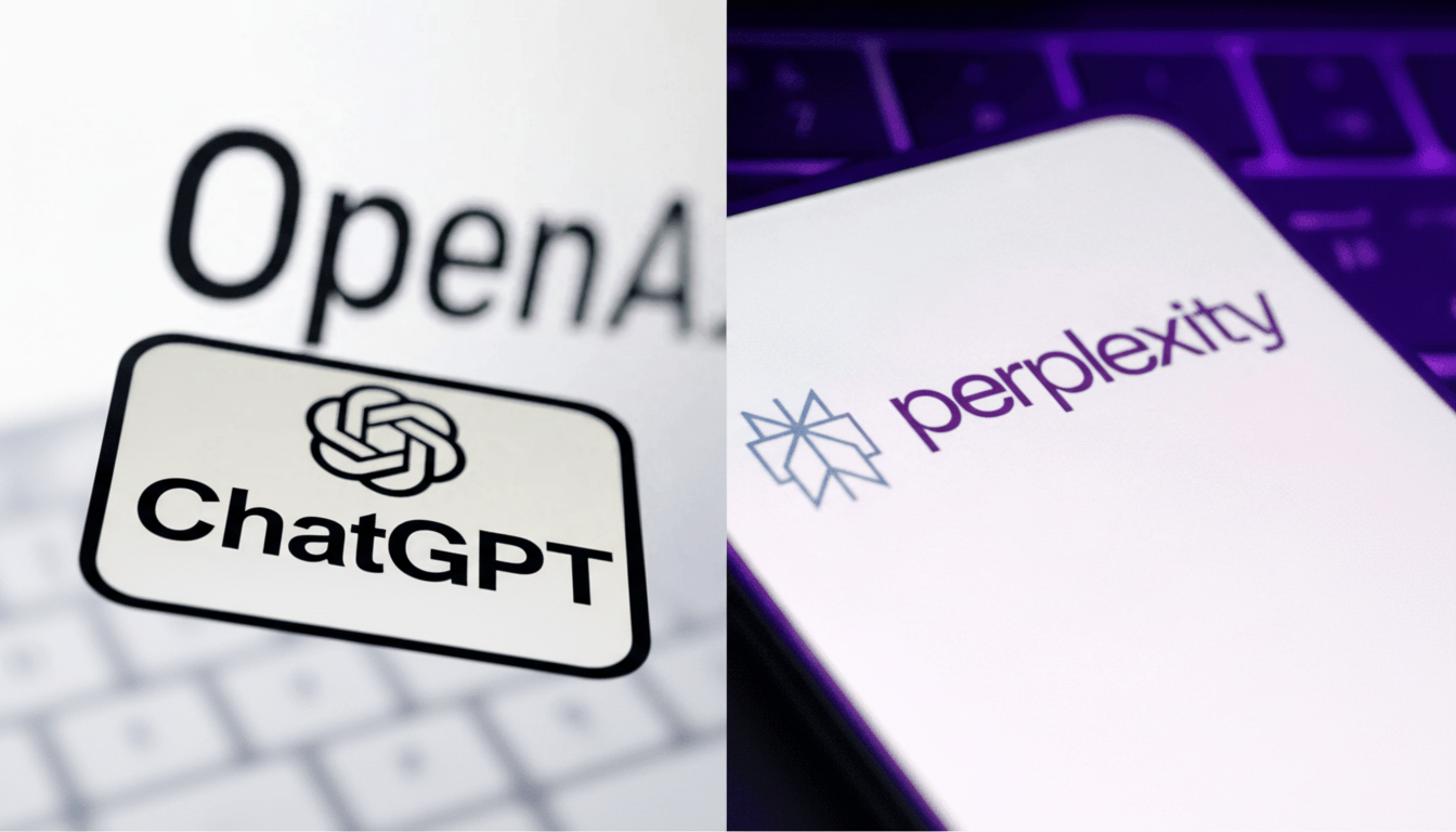 A split image showing the OpenAI logo and ChatGPT on the left, and the perplexity logo and name on a smartphone screen on the right, both against blurred backgrounds.