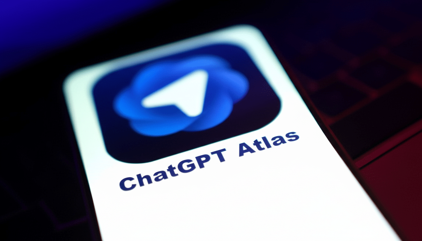 A smartphone screen displaying the ChatGPT Atlas app with a blue and white logo.