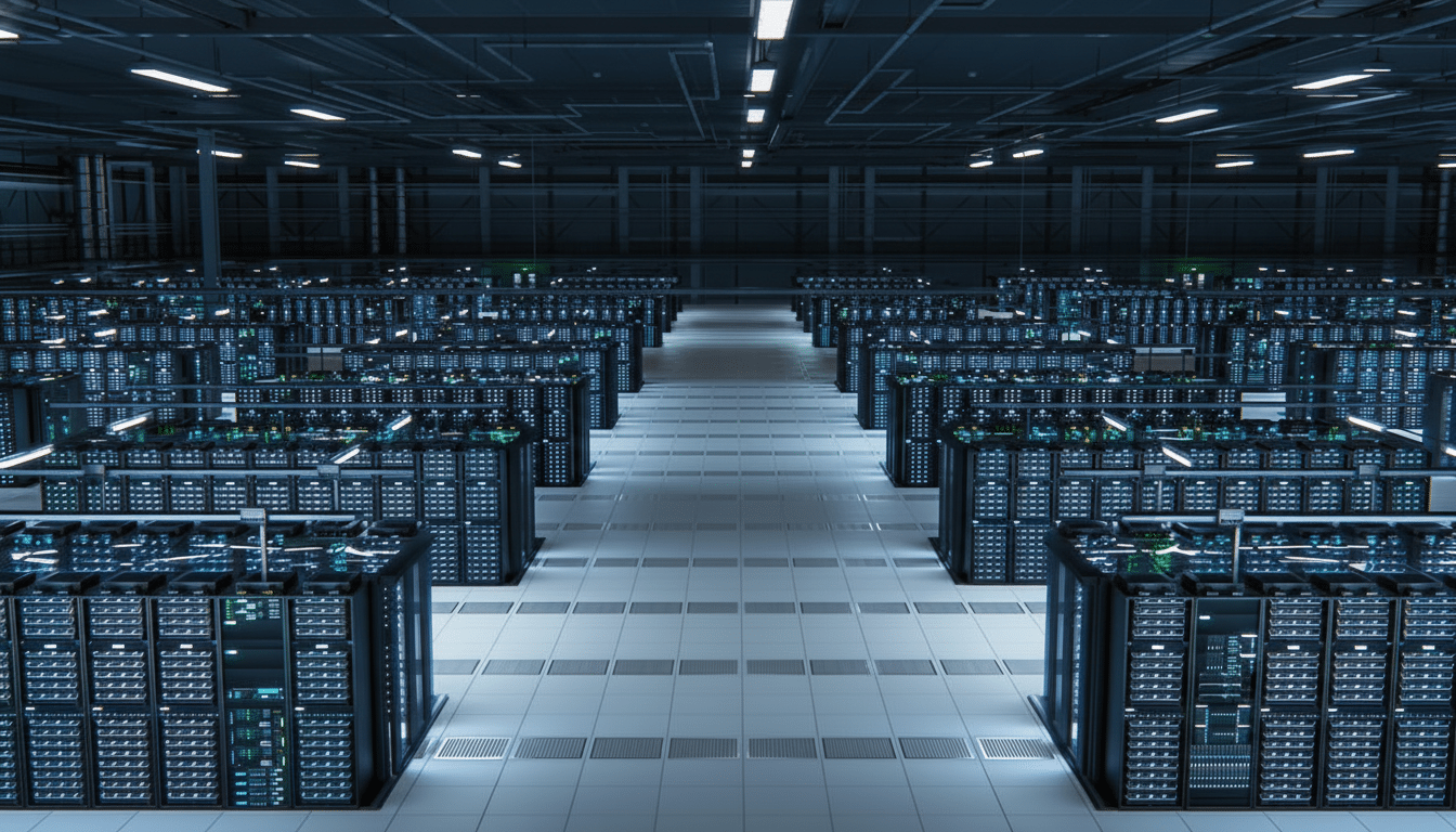A wide shot of a large, modern data center with rows of server racks extending into the distance under cool, artificial lighting.