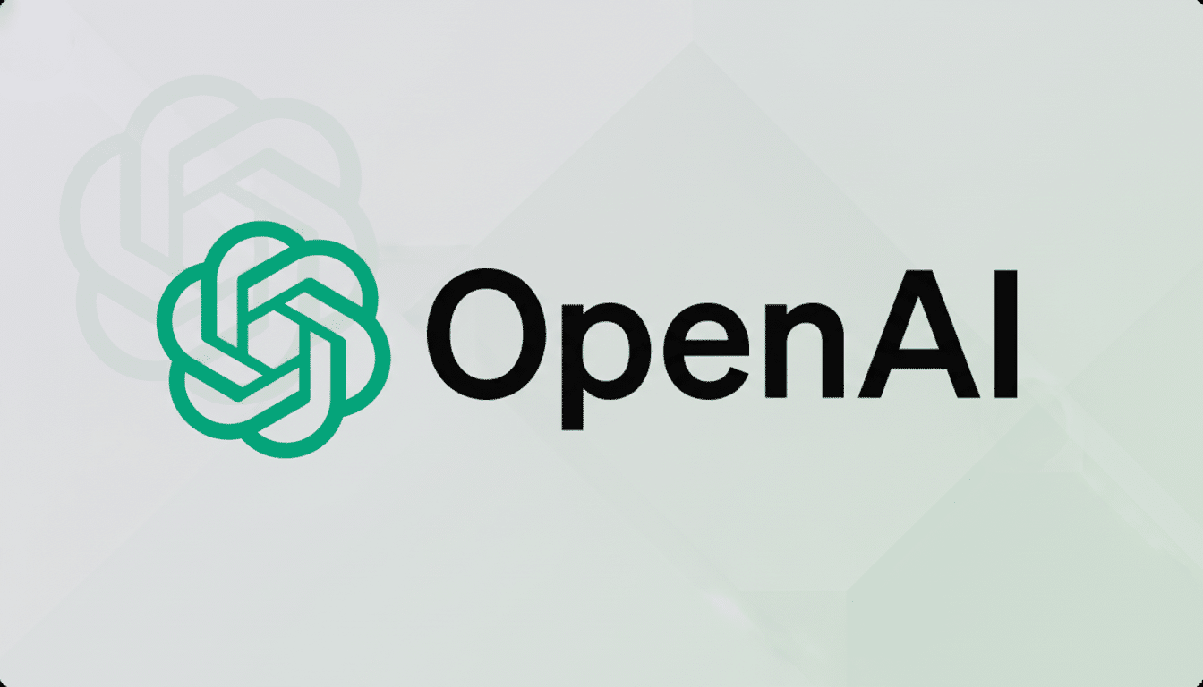 The OpenAI logo, featuring a green knot-like symbol to the left of the black text OpenAI, presented on a professional light gray background with a subtle, faded pattern of the logo.