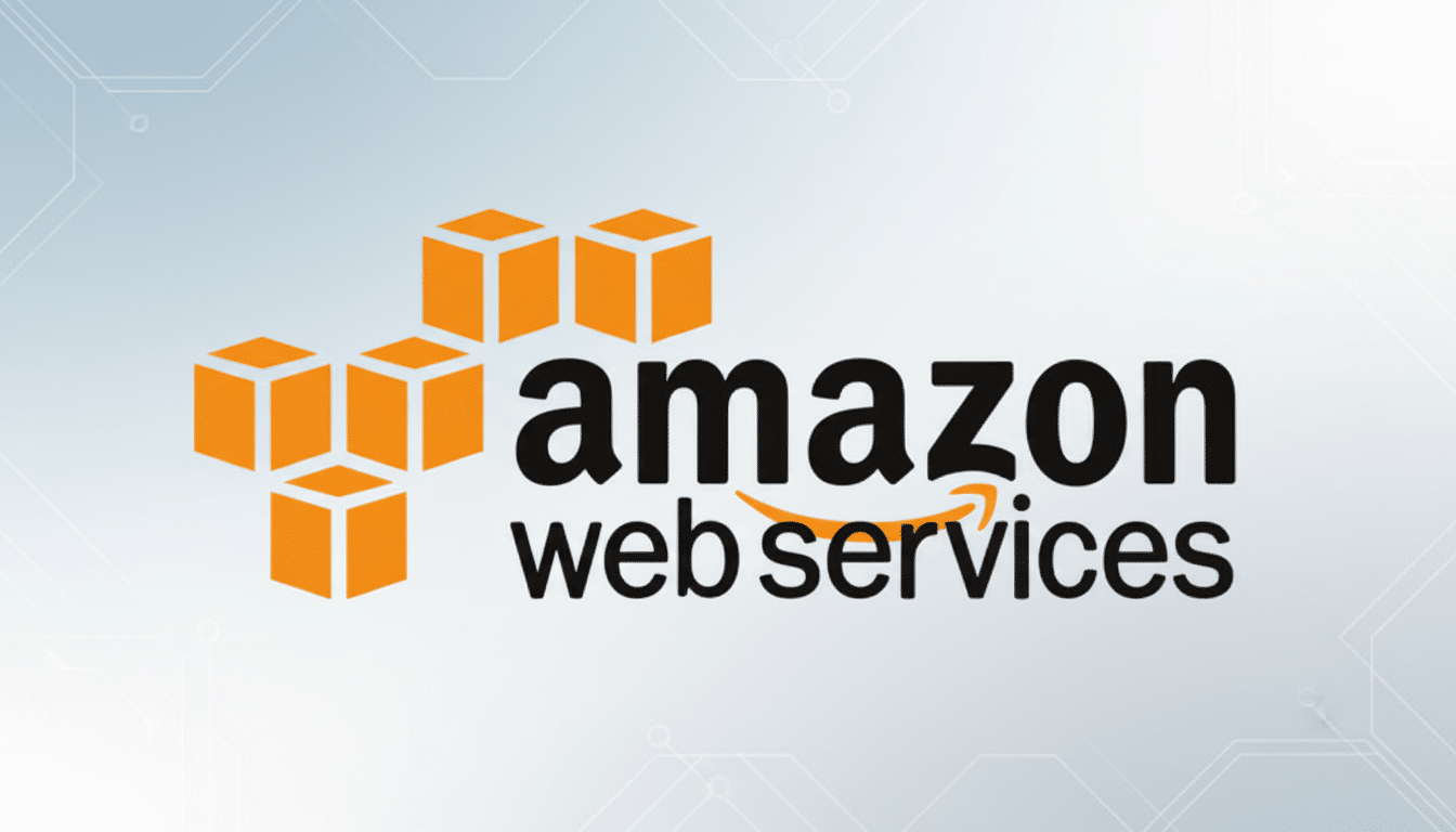The Amazon Web Services logo, featuring orange cubes forming a stylized A next to the text amazon web services in black, set against a professional light grey background with subtle geometric patterns.