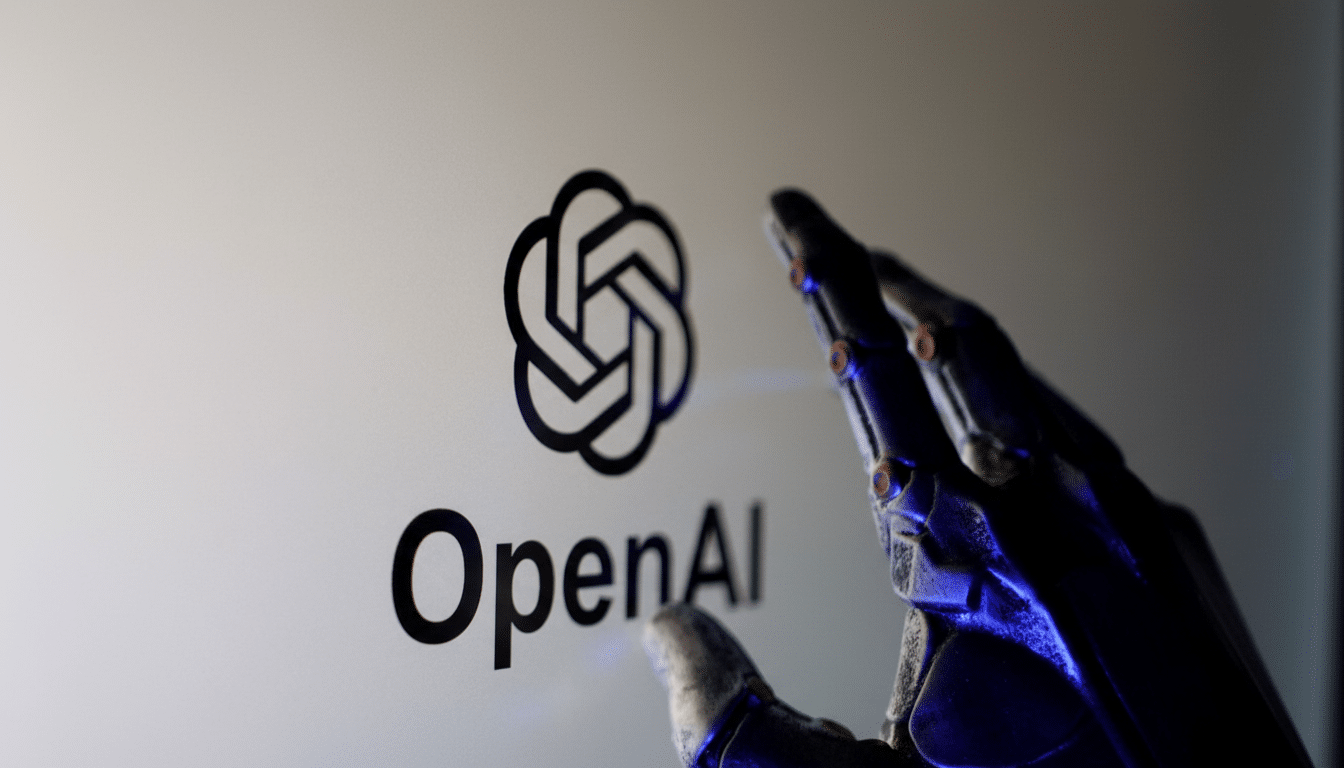 The OpenAI logo and name are displayed on a screen, with a robotic hand reaching towards it, set against a dark background.