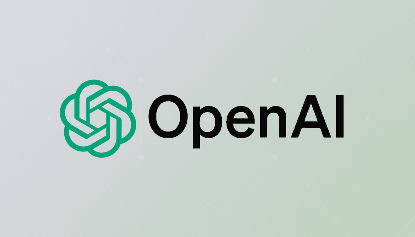The OpenAI logo, featuring a green abstract knot-like symbol to the left of the word OpenAI in black text, presented on a professional flat design background with a subtle gradient and soft geometric patterns.