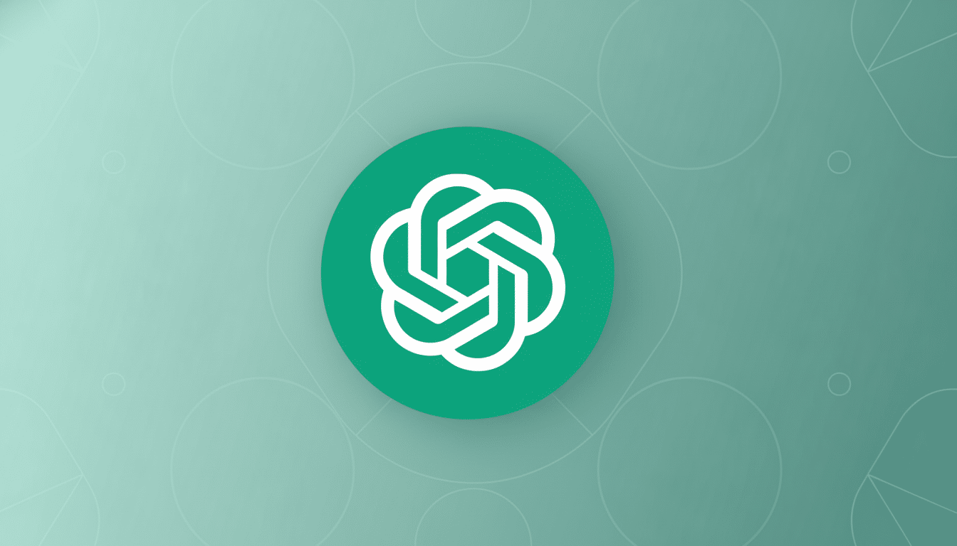 The OpenAI logo, a white abstract geometric design resembling a knot or flower, centered within a teal circle. The background is a soft gradient of light teal with subtle, abstract geometric patterns, presented in a 16:9 aspect ratio.