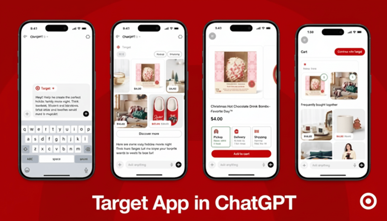 A 16:9 aspect ratio image showing four iPhone screens displaying the Target app integrated with ChatGPT, showcasing various shopping functionalities.
