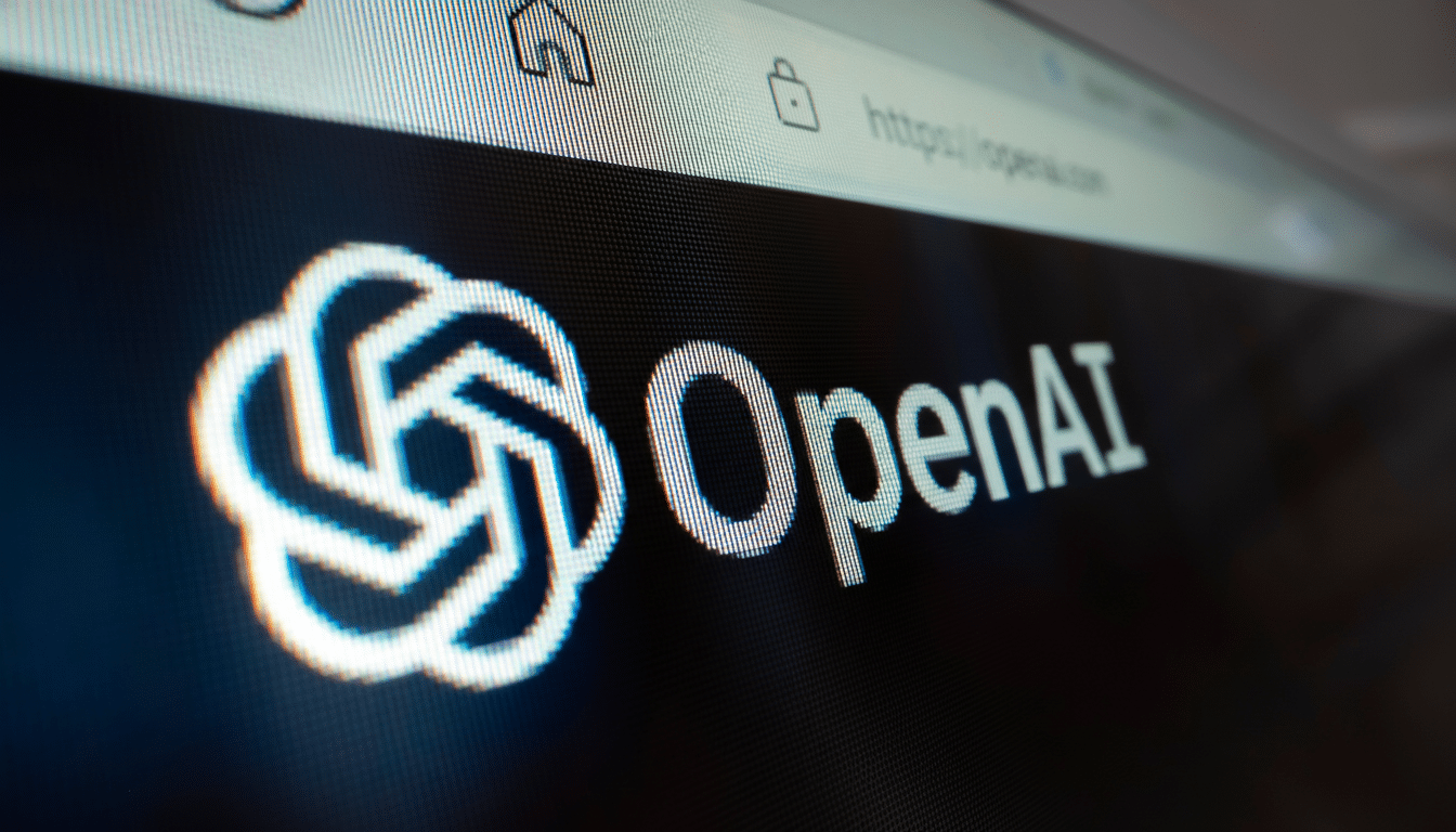 The OpenAI logo and name displayed on a screen, with a web browsers address bar showing https://openai.com above it.