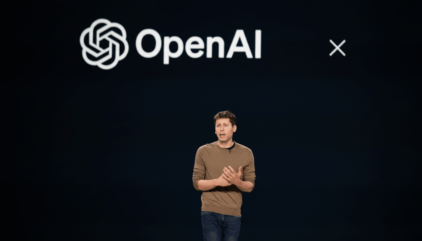 A man in a brown sweater and jeans stands on a stage with the OpenAI logo and name displayed on a large screen behind him.