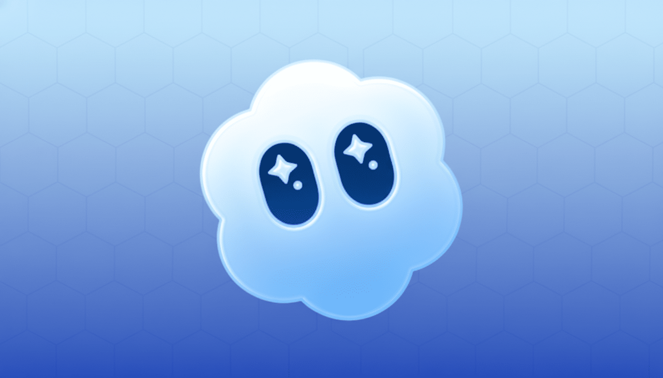 A white, cloud-like icon with two large, sparkling eyes, set against a professional blue gradient background with a subtle hexagonal pattern.