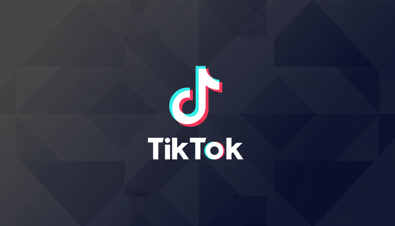 The TikTok logo, featuring a stylized musical note in white with cyan and magenta outlines, centered on a dark gray background with subtle geometric patterns.