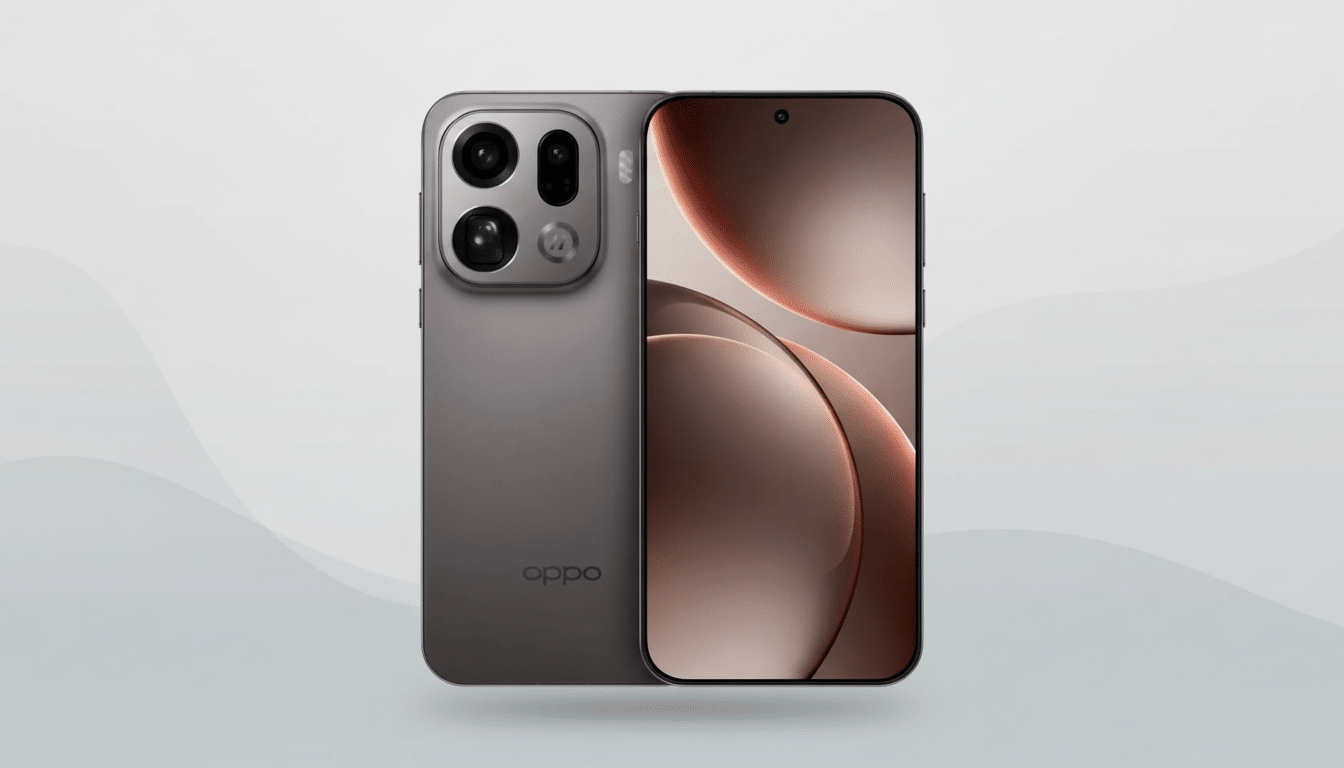A professional 16:9 image of an OPPO smartphone, showcasing its front and back, against a clean, light gray background with subtle wave patterns.