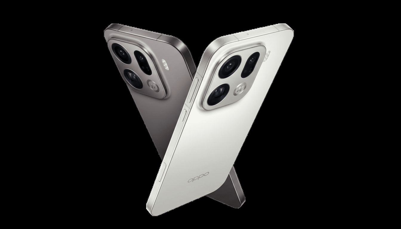 Two Oppo smartphones, one silver and one dark gray, are displayed with their backs facing forward, forming a V-shape against a black background.