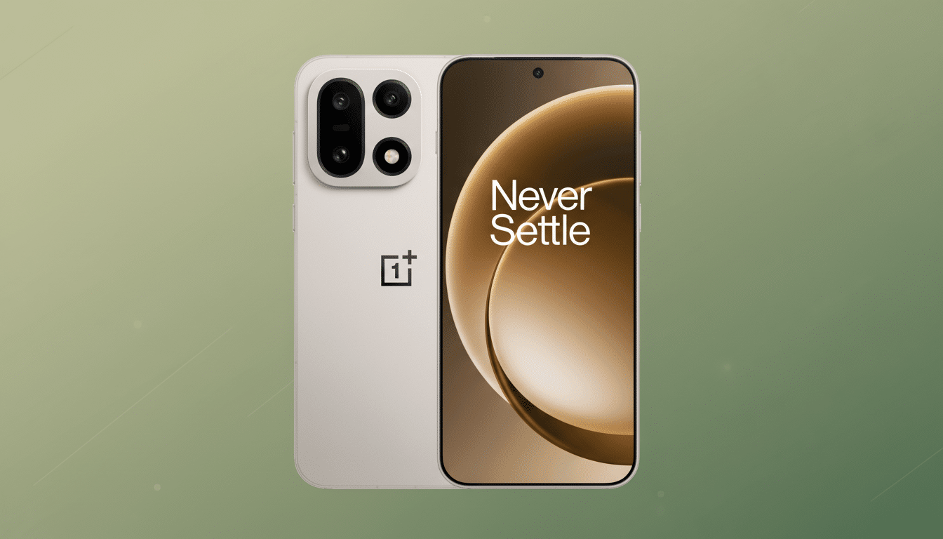 A beige smartphone with a black camera module and the OnePlus logo on the back, displayed against a professional flat design background with soft green gradients and subtle patterns. The phones screen shows Never Settle text.