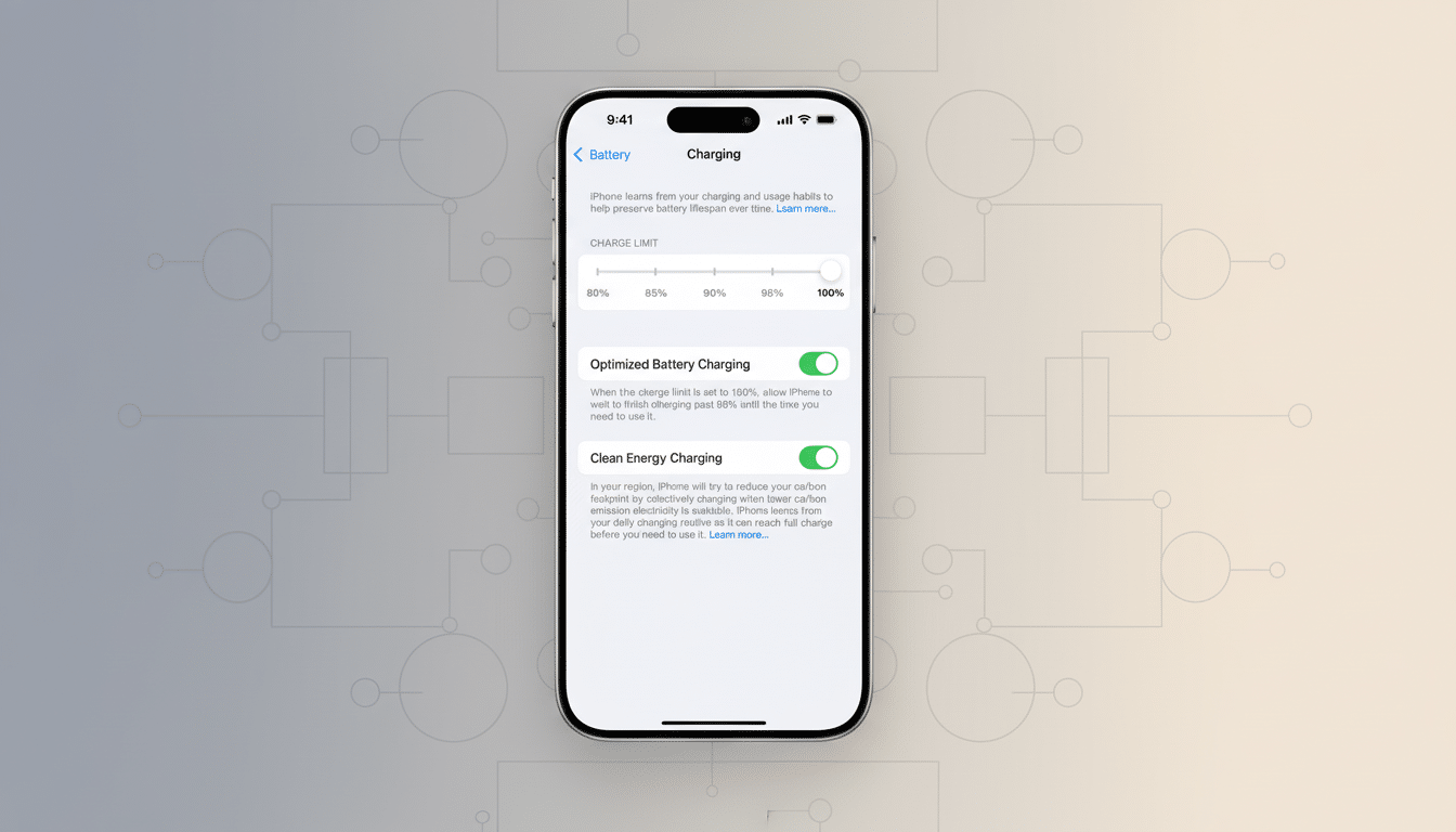 An iPhone screen displaying the Charging settings, with Optimized Battery Charging and Clean Energy Charging toggles enabled, set against a professional flat design background with soft patterns and gradients.