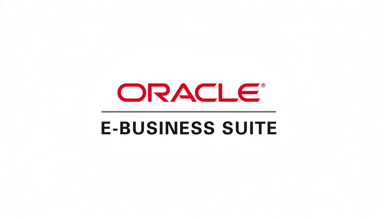 The Oracle E-Business Suite logo on a white background, resized to a 16:9 aspect ratio.