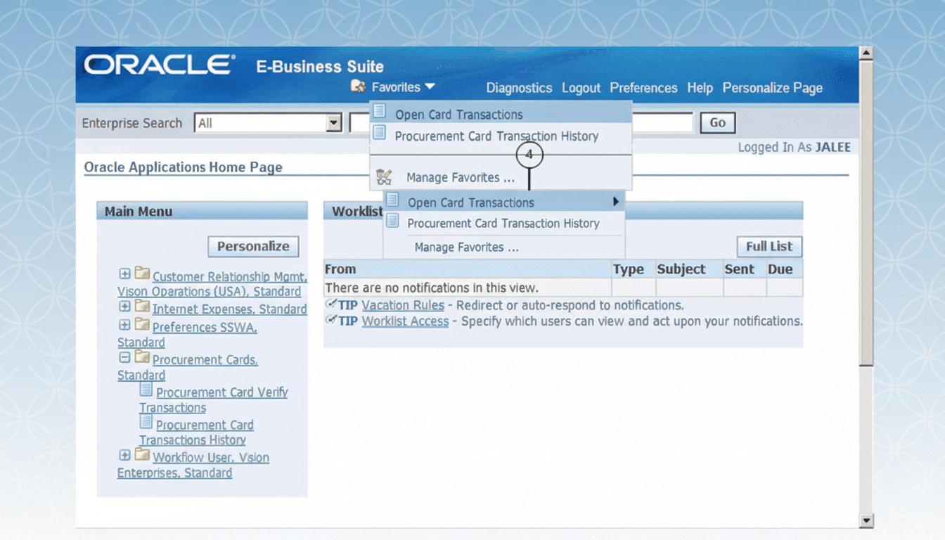 A screenshot of the Oracle E-Business Suite interface, showing the Favorites dropdown menu open with options like Open Card Transactions and Procurement Card Transaction History. The main page displays an Oracle Applications Home Page title, an Enterprise Search bar, and a Worklist section with notifications.