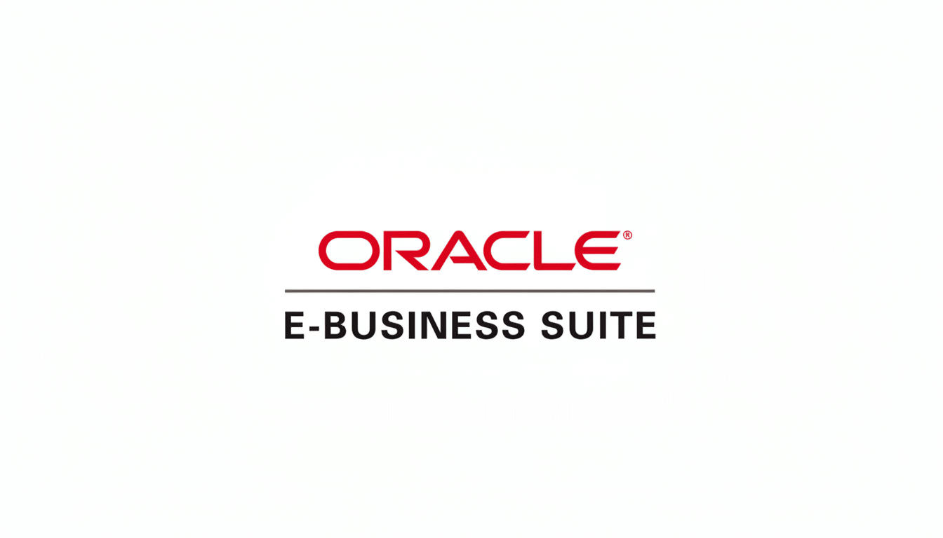 The Oracle E-Business Suite logo, featuring ORACLE in red with a registered trademark symbol, above a thin gray line, and E-BUSINESS SUITE in black, all centered on a white background with a 16:9 aspect ratio.