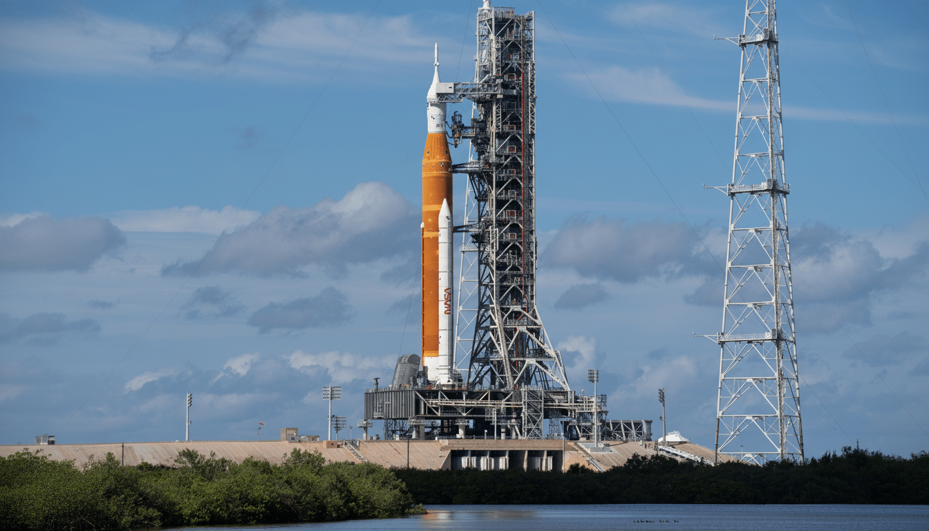 A large orange and white rocket stands on a launchpad next to a tall metal tower, with a body of water and green foliage in the foreground under a partly cloudy blue sky.
