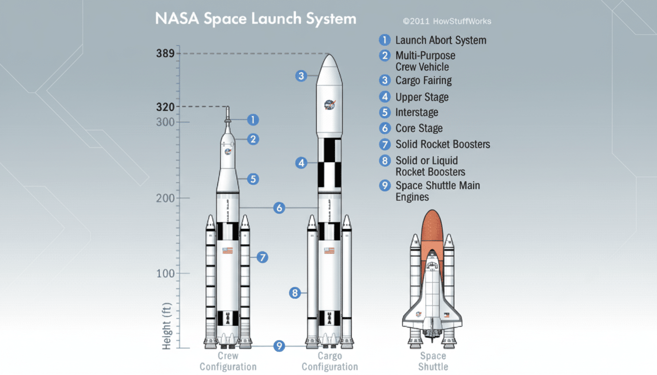 A diagram titled NASA Space Launch System showing three configurations: Crew Configuration, Cargo Configuration, and Space Shuttle. Each configuration is labeled with numbered parts and their corresponding descriptions, such as Launch Abort System, Multi-Purpose Crew Vehicle, and Space Shuttle Main Engines. A height scale in feet is on the left, indicating the relative sizes of the rockets.