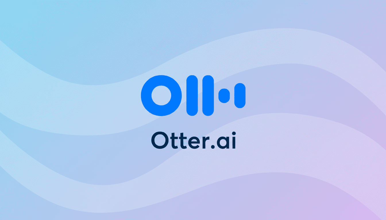 The Otter.ai logo and text on a professional flat design background with soft blue and purple gradients and subtle wave patterns.