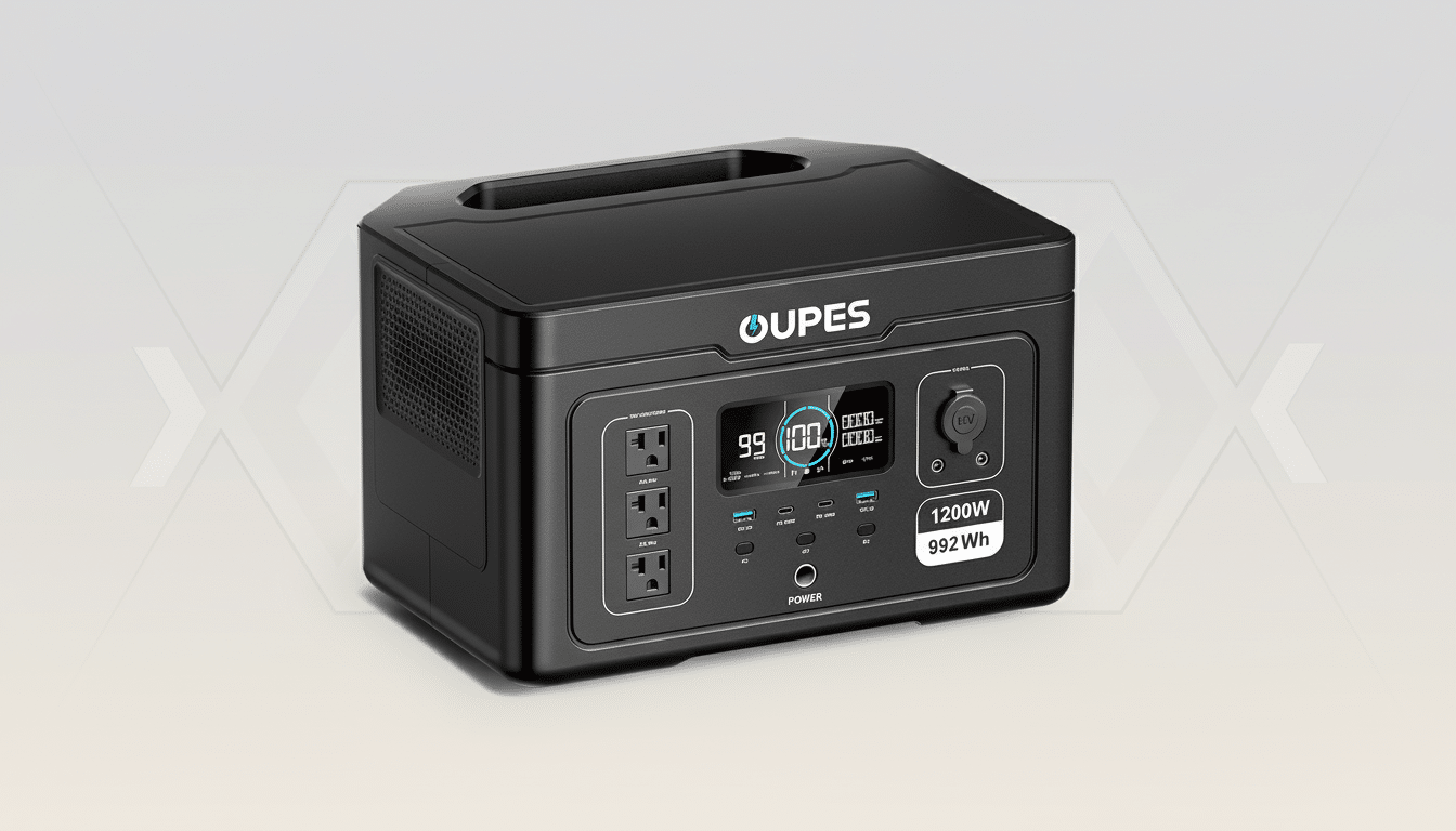 A black portable power station with a digital display showing 99% charge, 1200W output, and 992Wh capacity, set against a professional flat design background with soft patterns.