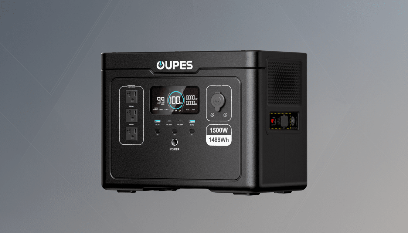 A black OUPEs 1500W 1488Wh portable power station with multiple outlets and a digital display, set against a professional gray background with subtle geometric patterns.