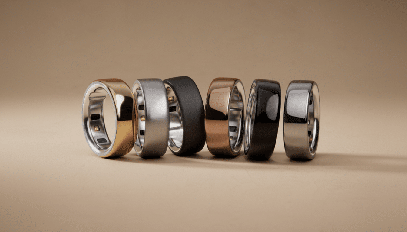 A row of six smart rings in various metallic and matte finishes, including gold, silver, black, and rose gold, presented on a neutral background.