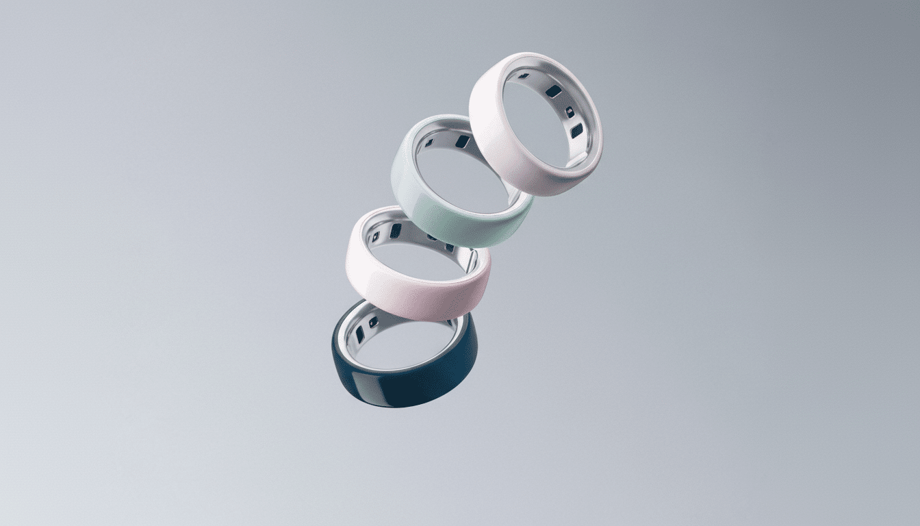 Four smart rings in white, mint green, pink, and dark blue, stacked diagonally against a light gray background.