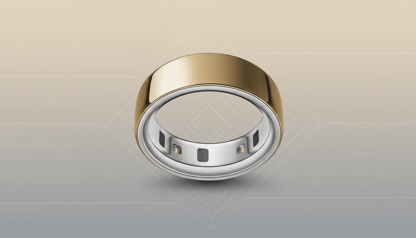 A gold and silver smart ring with internal sensors, presented on a professional flat design background with soft patterns and gradients.