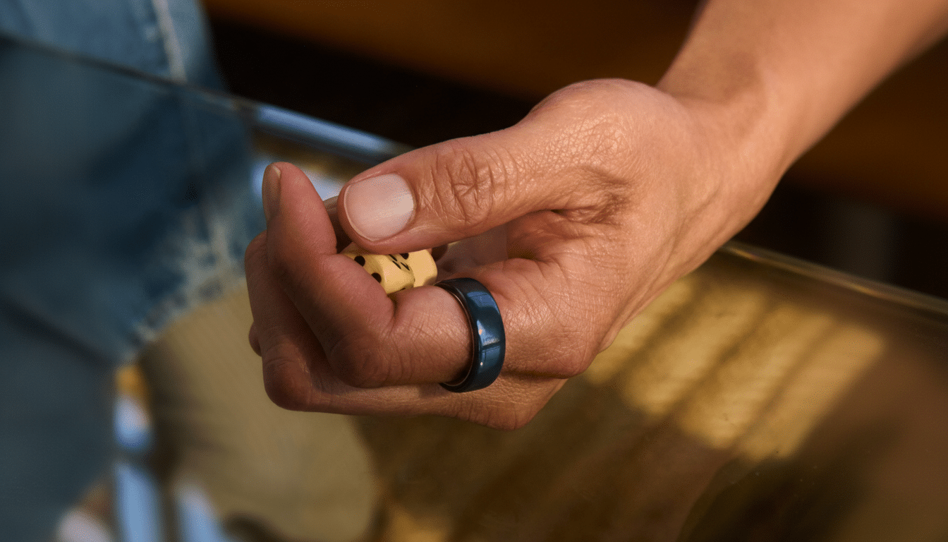 A persons hand holding two dice, wearing a dark blue ring on their ring finger, with a blurred background.