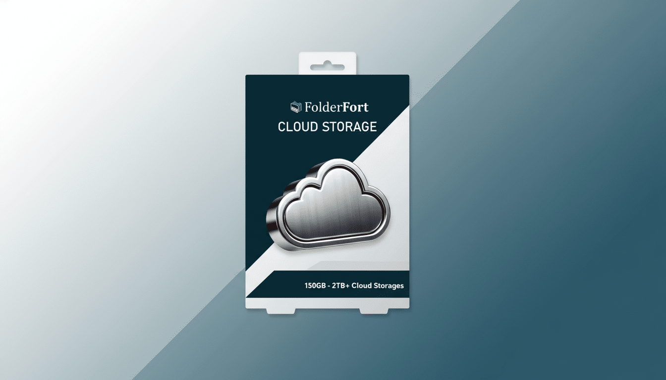 A 16:9 aspect ratio image of a FolderFort Cloud Storage product box with a metallic cloud icon, set against a professional flat design background with soft gradients.
