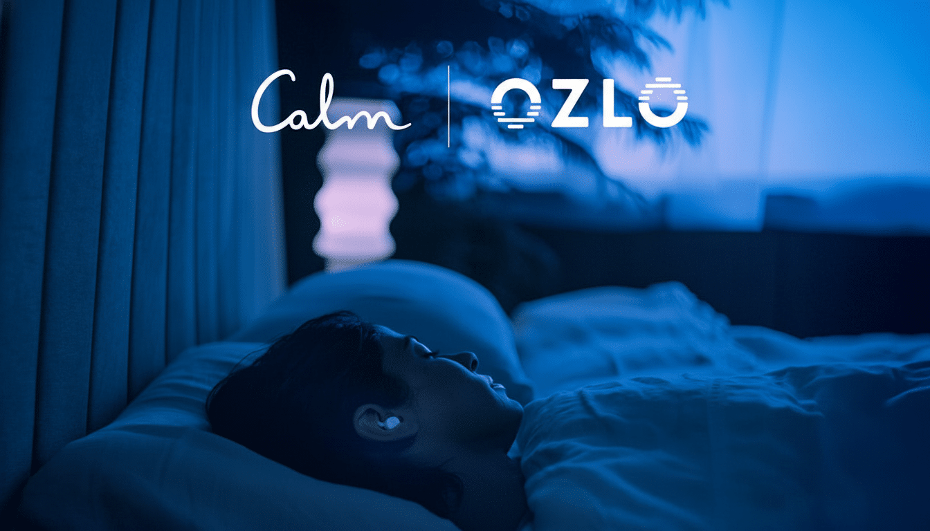 A person sleeping in a bed with a Calm and Ozlo logo overlay, resized to a 16:9 aspect ratio.