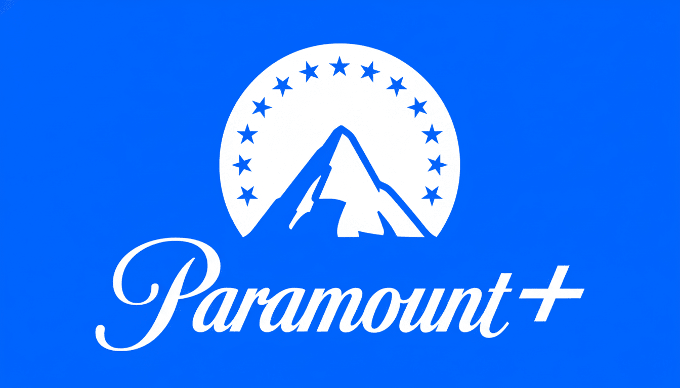The Paramount+ logo, featuring a white mountain peak with a semicircle of white stars above it, and the word Paramount+ in white script below, all set against a solid blue background.