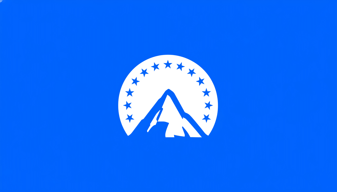 The Paramount Pictures logo, featuring a white mountain peak with a circle of white stars above it, all set against a solid blue background, resized to a 16:9 aspect ratio.