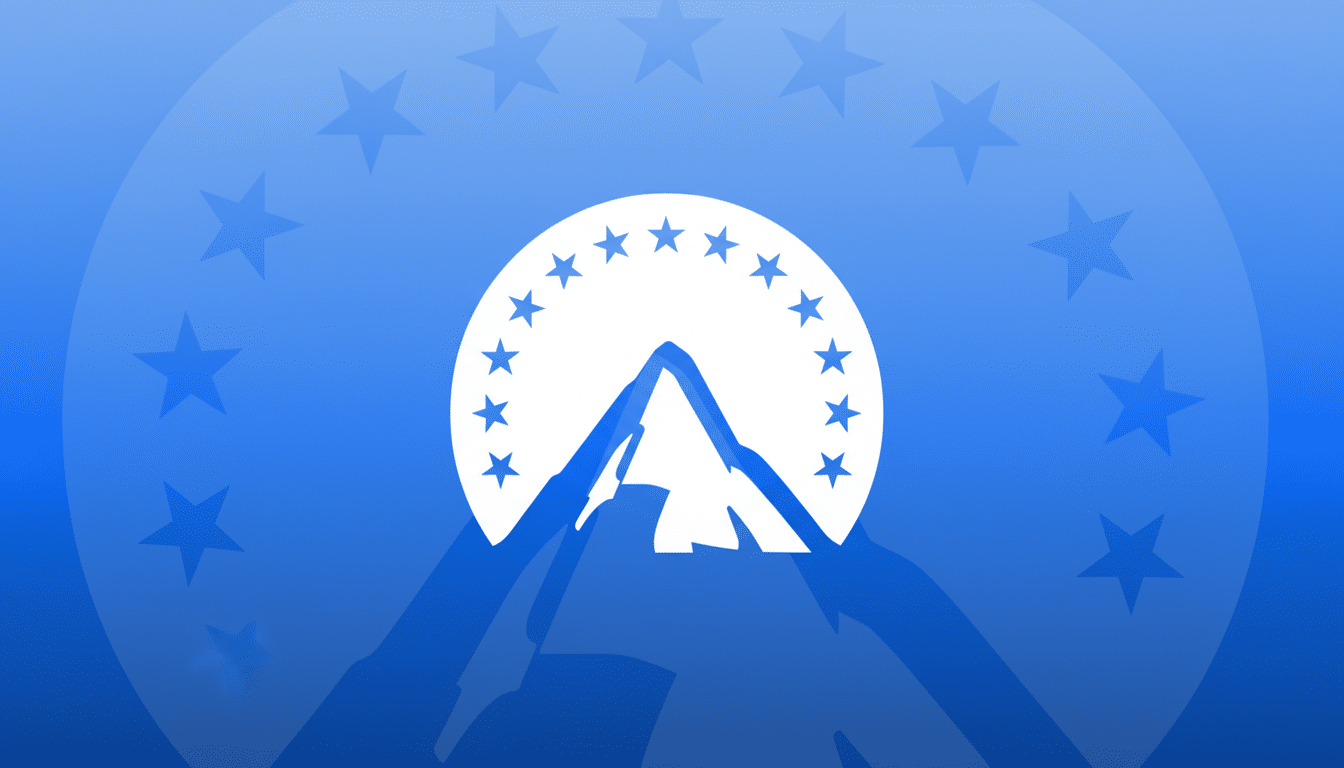 The Paramount Pictures logo, featuring a white mountain peak and a circle of white stars, set against a professional blue gradient background with subtle star patterns.