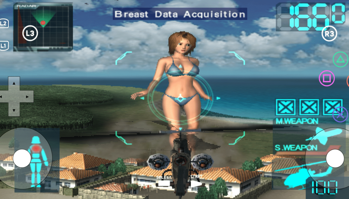 A video game screenshot showing a character in a bikini with on-screen controls and game interface elements.