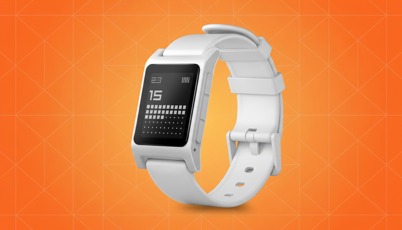 A white smartwatch with a black screen displaying 15 and a grid of squares, set against an orange background with a subtle geometric pattern.